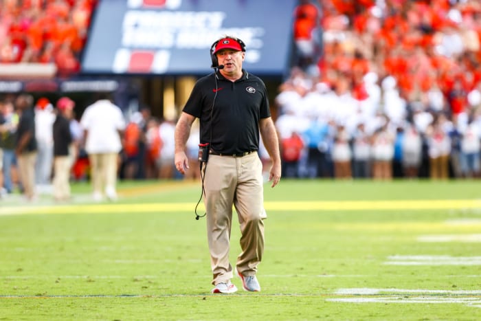 Georgia head coach Kirby Smart during Georgia’s game against Auburn on Pat Dye Field at Jordan-Hare Stadium in Auburn, Ala., on Saturday, Sept. 30, 2023. (Tony Walsh/UGAAA)